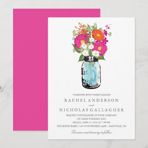 Blue Mason Jar and Gerber Daisies Wedding Invites