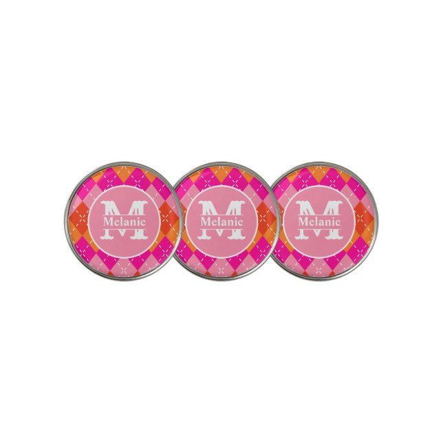 Pink and Orange Golfing Argyle Preppy Personalized Golf Ball Marker (3 Up)