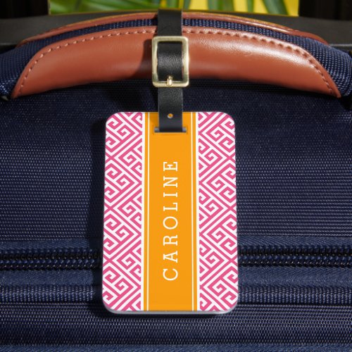 Pink and Orange Greek Key Custom Monogram Luggage Tag
