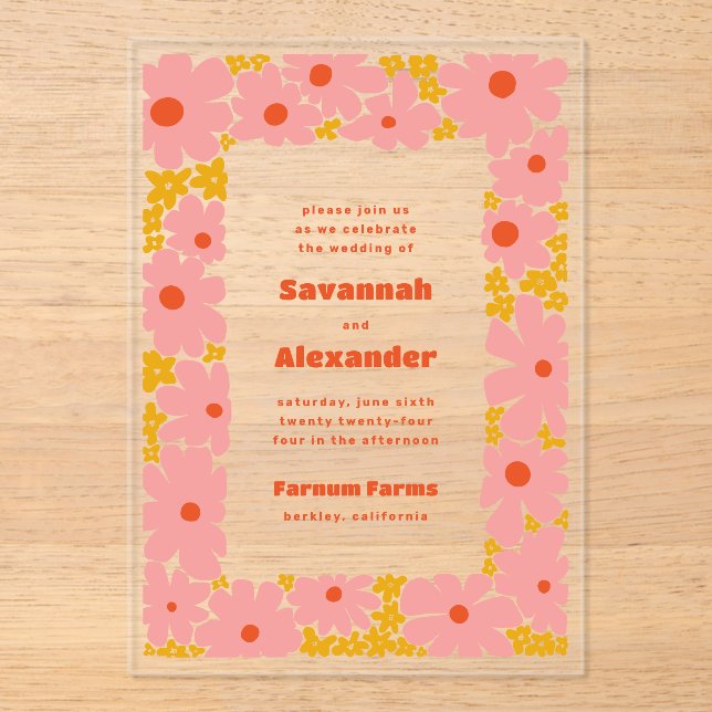 Pink and Orange Groovy Blooms Boho Wedding Acrylic Invitations (Front)