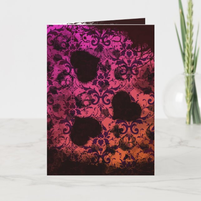 Pink and Orange Grunge Damask Valentine Holiday Card (Front)