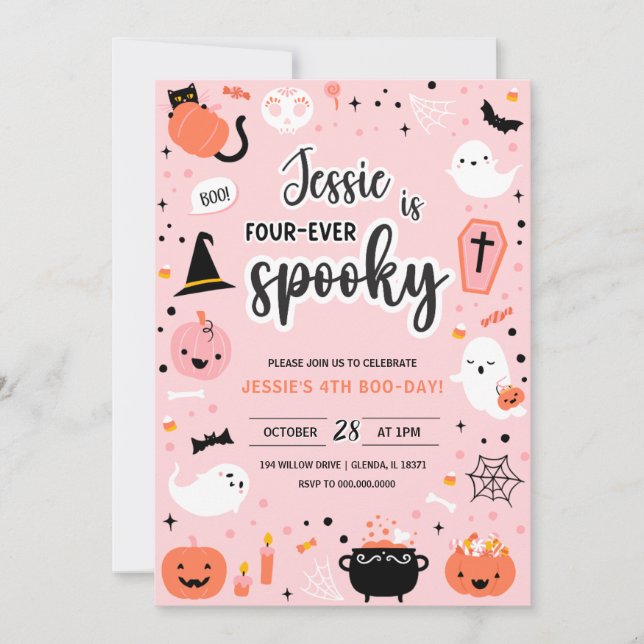 Pink and Orange Halloween 4th Birthday Invitation  (Front)