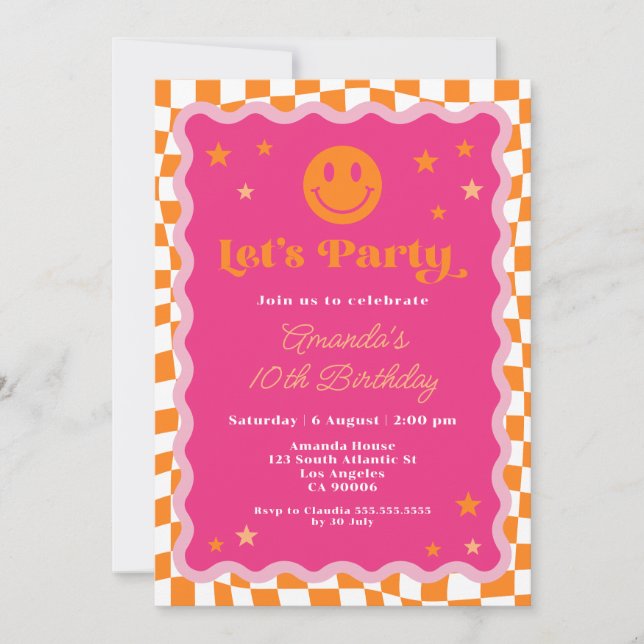 Pink And Orange Happy Face Checkered Girl Birthday Invitation (Front)