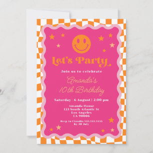 Pink And Orange Happy Face Checkered Girl Birthday Invitation
