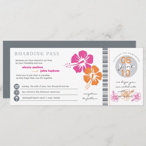 Pink and Orange Hibiscus Boarding Pass Wedding Invitation