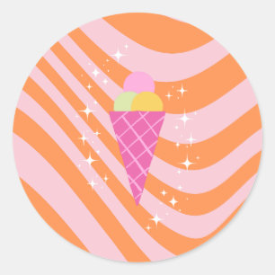 Pink and Orange Ice cream, Ice Cream Art, Preppy Classic Round Sticker