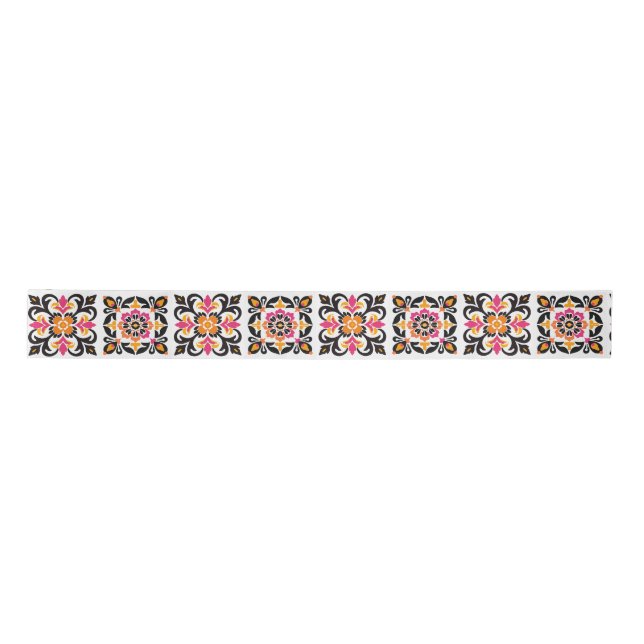 Pink and Orange Mexican Folk Tile Satin Ribbon (Front)