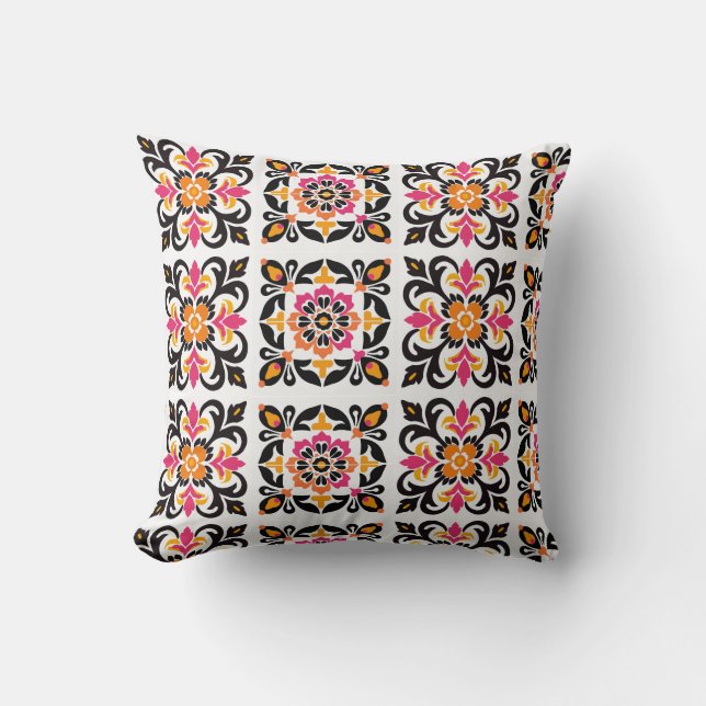 Pink and Orange Mexican Folk Tile Throw Pillow (Front)