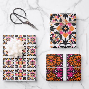Pink and Orange Mexican Folk Tile Wrapping Paper Sheets