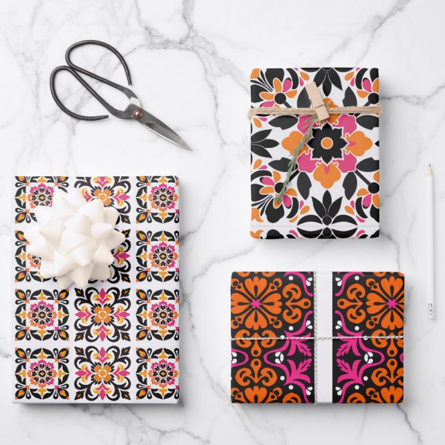 Pink and Orange Mexican Folk Tile Wrapping Paper Sheets (Front)
