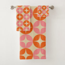 Pink and Orange Mid Century Mod Geometric Pattern Bath Towel Set