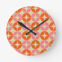 Pink and Orange Mid Century Mod Geometric Pattern Round Clock