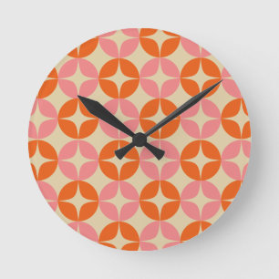 Pink and Orange Mid Century Mod Geometric Pattern Round Clock