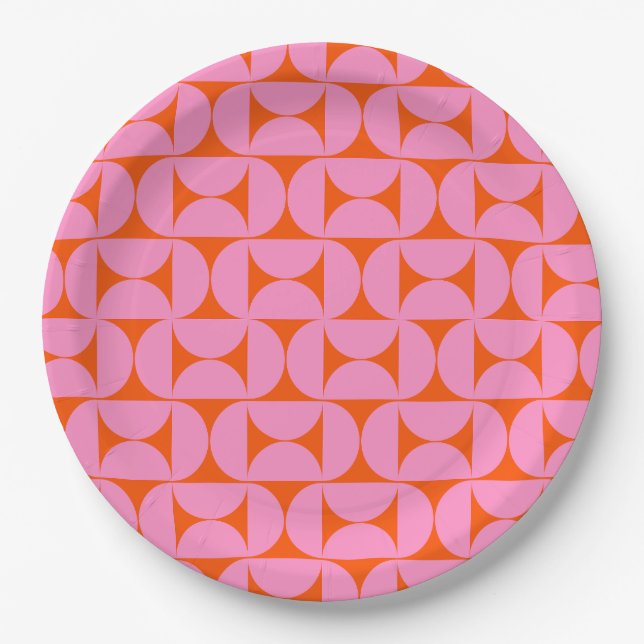 Pink And Orange Mid Century Modern Pattern Paper Plates (Front)