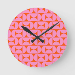 Pink And Orange Mid Century Modern Pattern Round Clock