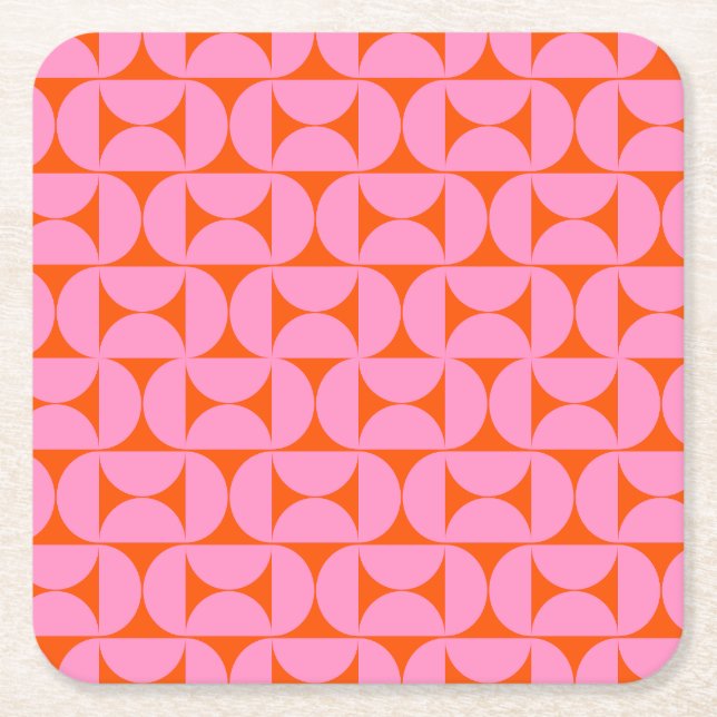 Pink And Orange Mid Century Modern Pattern Square Paper Coaster (Front)