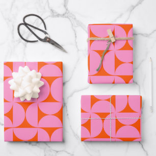 Pink And Orange Mid Century Modern Pattern Wrapping Paper Sheets