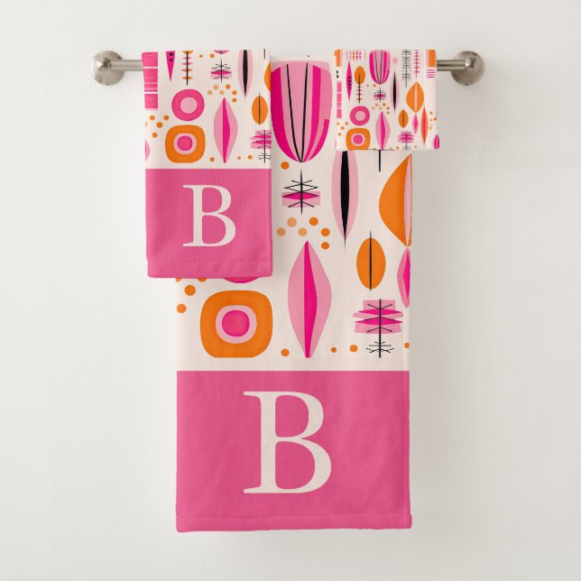 Pink and Orange Mid Century Modern Retro Custom  Bath Towel Set (Insitu)