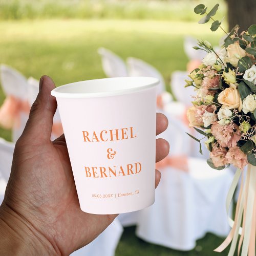 Pink and Orange Peach Apricot Typography Wedding   Paper Cups