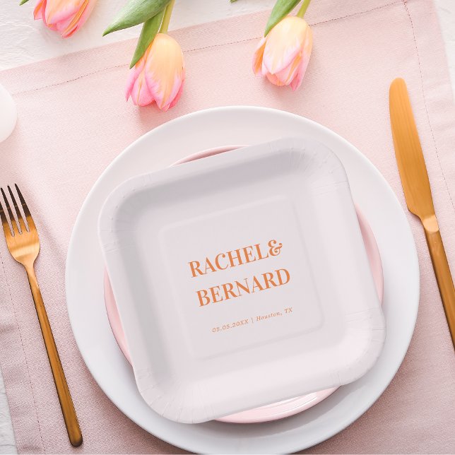 Pink and Orange Peach Apricot Typography Wedding   Paper Plates (Creator Uploaded)