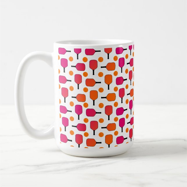 Pink and Orange Pickleball Paddles & Orange Balls Coffee Mug (Left)