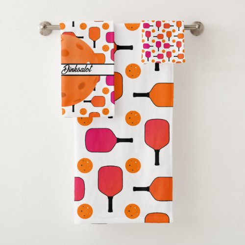 Pink and Orange Pickleball Paddles Personalized Bath Towel Set