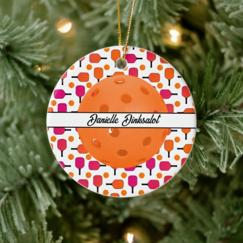 Pink and Orange Pickleball Paddles Personalized Ceramic Ornament