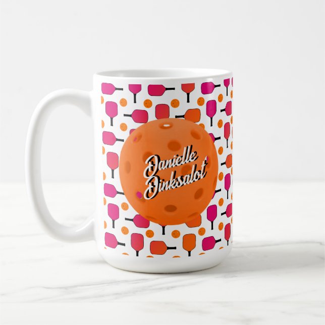 Pink and Orange Pickleball Paddles Personalized Coffee Mug (Left)