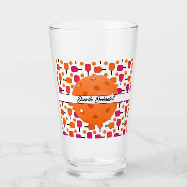 Pink and Orange Pickleball Paddles Personalized Glass (Front)