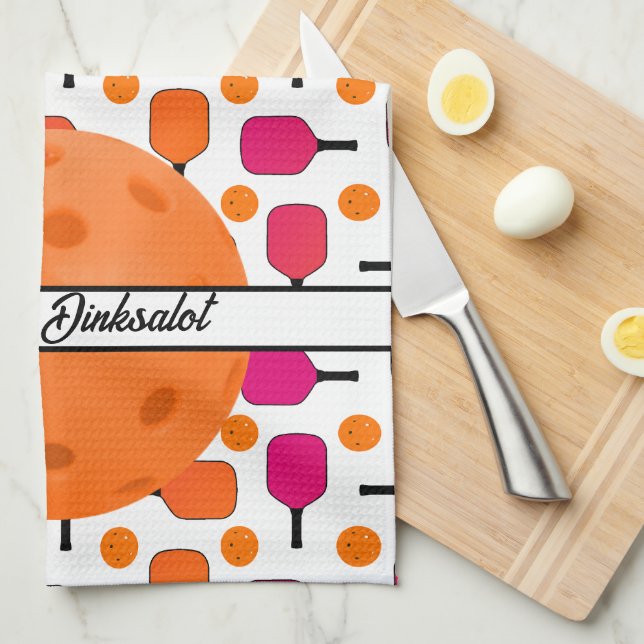 Pink and Orange Pickleball Paddles Personalized Kitchen Towel (Quarter Fold)