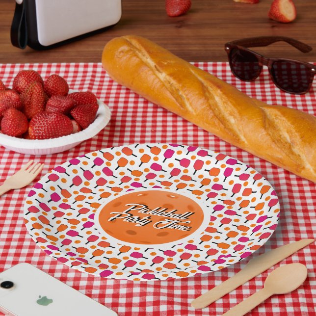 Pink and Orange Pickleball Paddles Personalized Paper Plates (Picnic)
