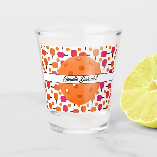 Pink and Orange Pickleball Paddles Personalized Shot Glass
