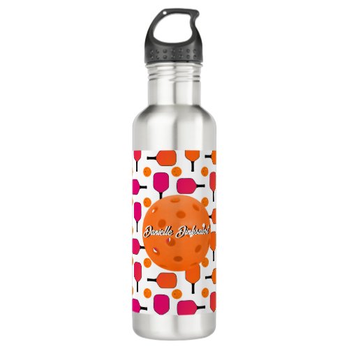 Pink and Orange Pickleball Paddles Personalized Stainless Steel Water Bottle