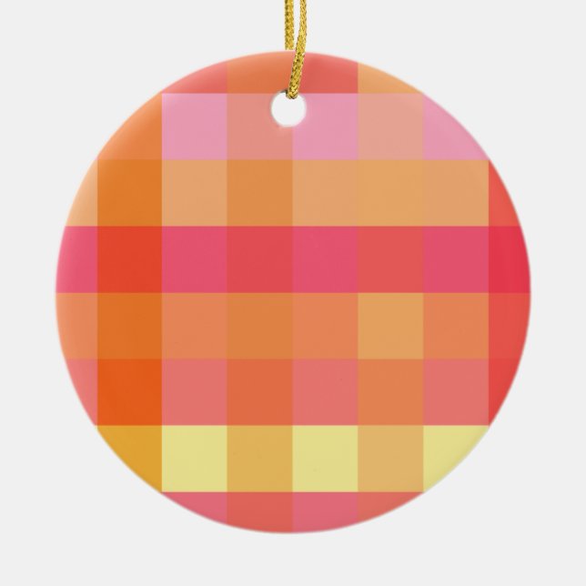Pink and orange plaid ceramic ornament (Front)