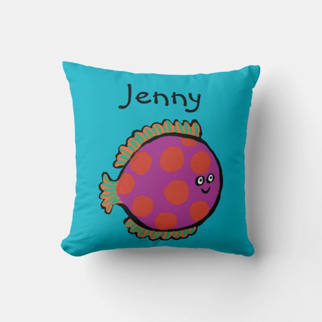 Pink and Orange Polka-Dot Fish Throw Pillow (Front)