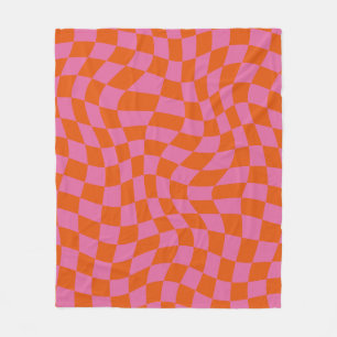 Pink And Orange Psychedelic Checkered Groovy Grid Fleece Blanket