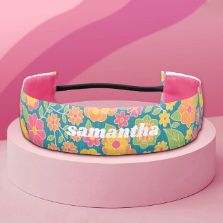 Pink and Orange retro floral Pattern with Name Athletic Headband