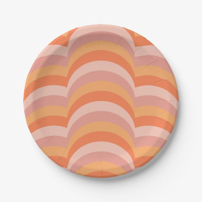 Pink and orange retro style curves pattern paper plates (Front)