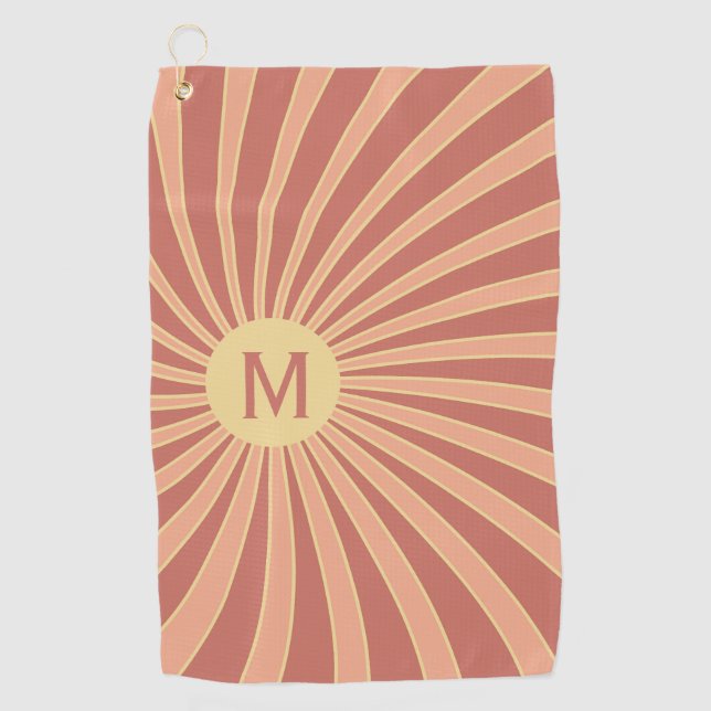 Pink and orange retro style sunburst design golf towel (Front)