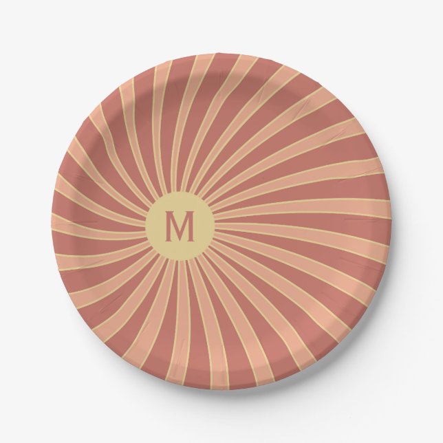 Pink and orange retro style sunburst design paper plates (Front)