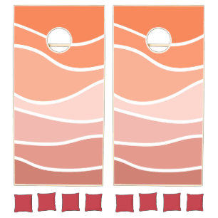 Pink and orange retro style waves cornhole set