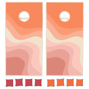 Pink and orange retro style waves cornhole set