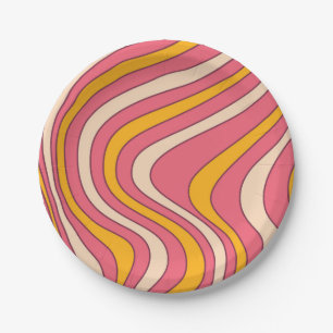 Pink and orange retro style waves paper plates
