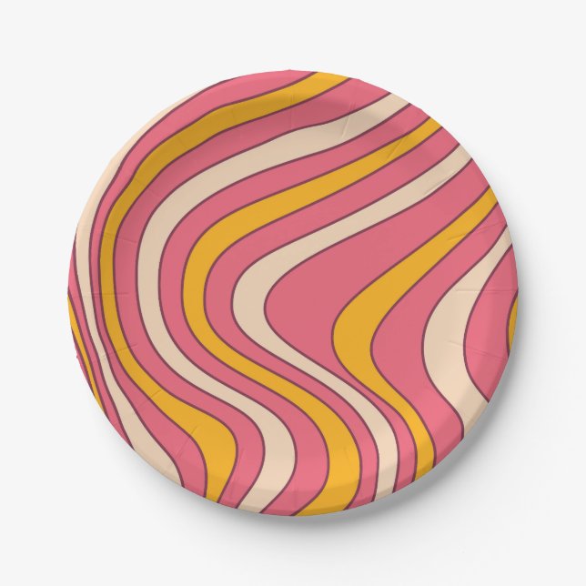 Pink and orange retro style waves paper plates (Front)