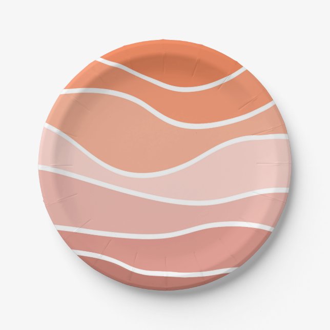 Pink and orange retro style waves paper plates (Front)