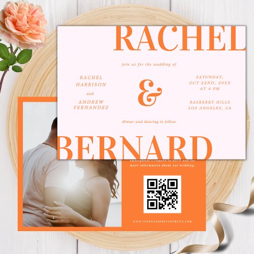 Pink and Orange Retro Typography QR Code Wedding Invitation