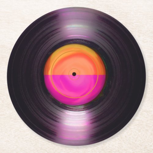 Pink and Orange Retro Vinyl Record Round Paper Coaster