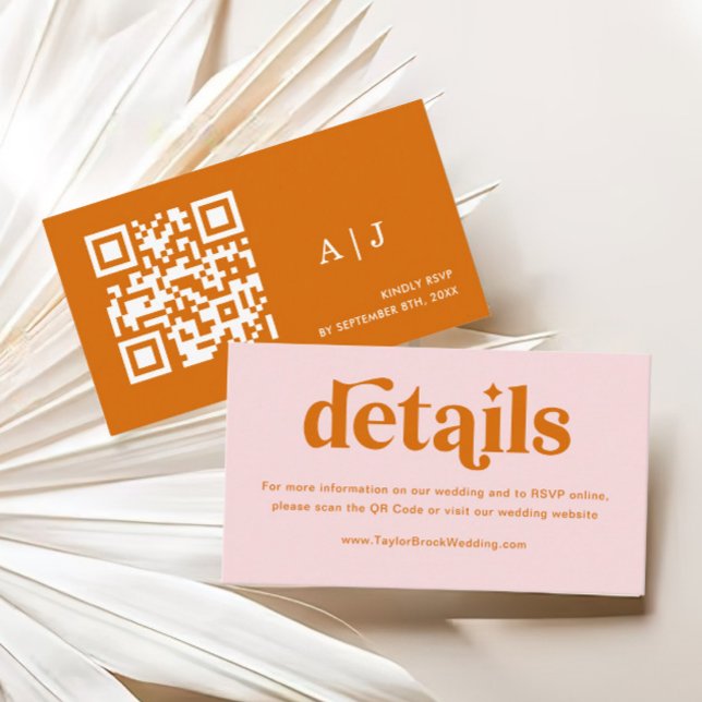 Pink and Orange Retro Wedding Details Qr Code Enclosure Card (Creator Uploaded)