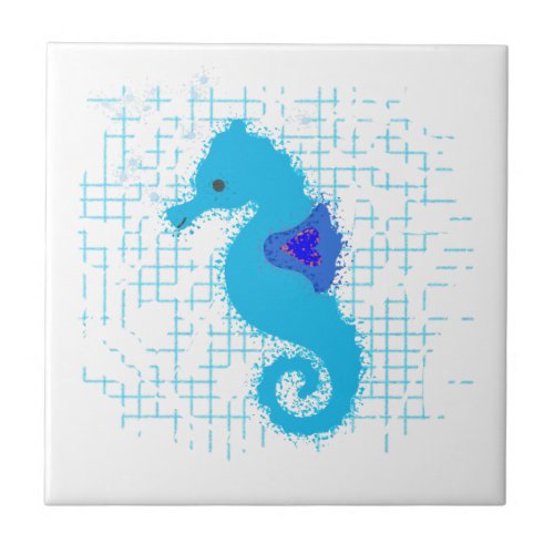 Pink And Orange Seahorse On Distressed Background Ceramic Tile