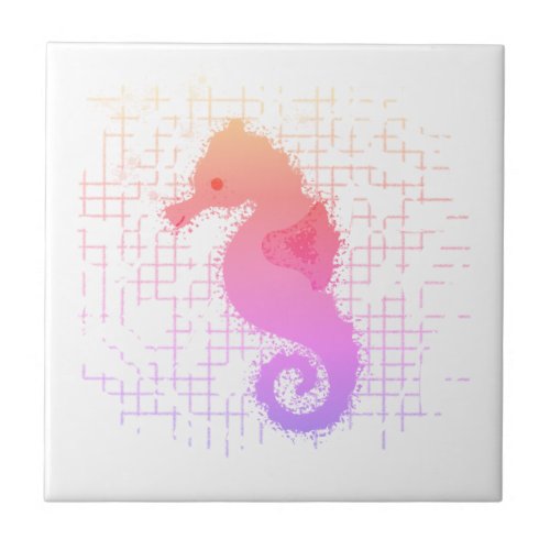 Pink And Orange Seahorse On Distressed Background Ceramic Tile